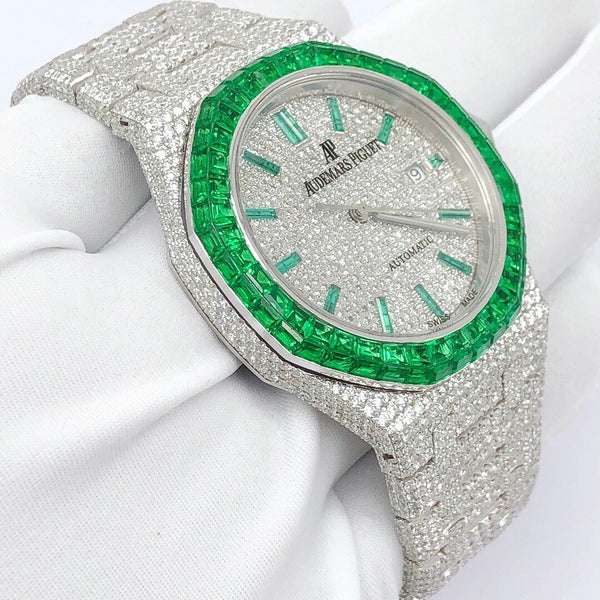 Green Baguette Emerald & Round VVS Moissanite Diamond Men's Watch, Self-Winding White Gold Plated 42mm