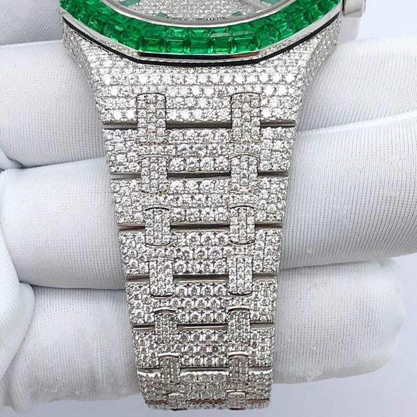 Green Baguette Emerald & Round VVS Moissanite Diamond Men's Watch, Self-Winding White Gold Plated 42mm