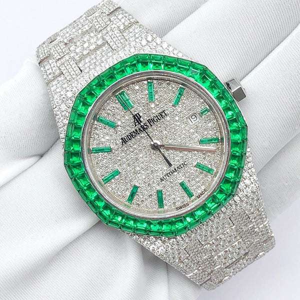 Green Baguette Emerald & Round VVS Moissanite Diamond Men's Watch, Self-Winding White Gold Plated 42mm