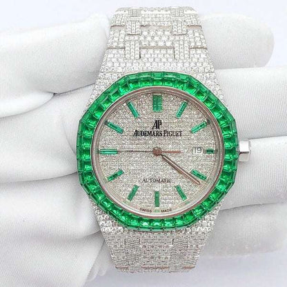 Green Baguette Emerald & Round VVS Moissanite Diamond Men's Watch, Self-Winding White Gold Plated 42mm