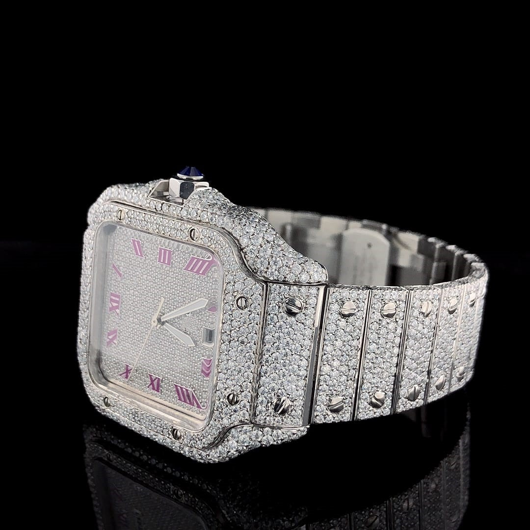 MW Luxury Fully Stylish  iced out Moissanite Hip Hop Movement Studded  Bust Down Square Roman Dial   Iced Out  MW_C1060