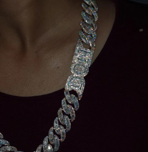 20mm VVS Moissanite Cuban Chain | Rhodium Plated 925 Silver | Round &amp; Emerald Cut Iced Out Chain | Pass Diamond Tester | Hip Hop Jewelry
