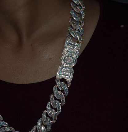 20mm VVS Moissanite Cuban Chain | Rhodium Plated 925 Silver | Round &amp; Emerald Cut Iced Out Chain | Pass Diamond Tester | Hip Hop Jewelry