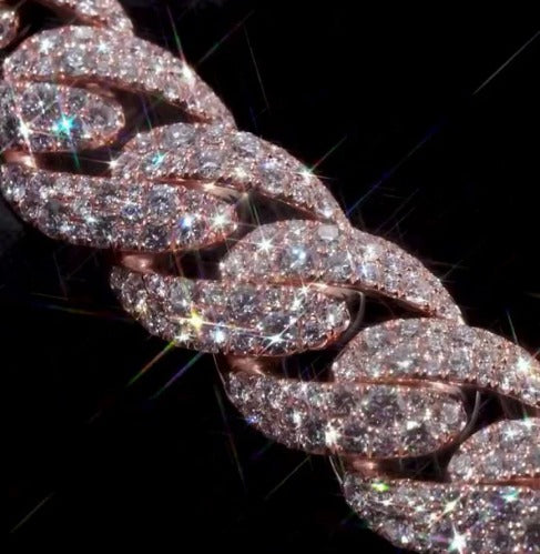 MOISSANITE CHAIN - 14mm Mosaic set Cuban Link Chain in 925 Sterling Silver, VVS Moissanite Stones, Pass Diamond Tester