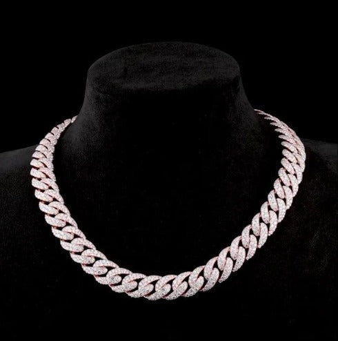 MOISSANITE CHAIN - 14mm Mosaic set Cuban Link Chain in 925 Sterling Silver, VVS Moissanite Stones, Pass Diamond Tester