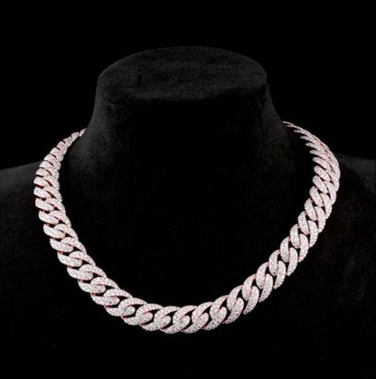 MOISSANITE CHAIN - 14mm Mosaic set Cuban Link Chain in 925 Sterling Silver, VVS Moissanite Stones, Pass Diamond Tester