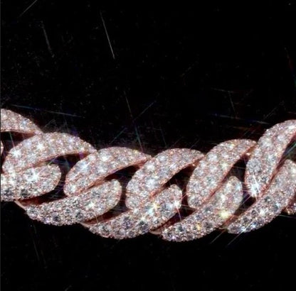 MOISSANITE CHAIN - 14mm Mosaic set Cuban Link Chain in 925 Sterling Silver, VVS Moissanite Stones, Pass Diamond Tester
