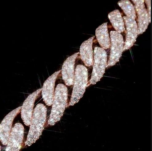 MOISSANITE CHAIN - 14mm Mosaic set Cuban Link Chain in 925 Sterling Silver, VVS Moissanite Stones, Pass Diamond Tester