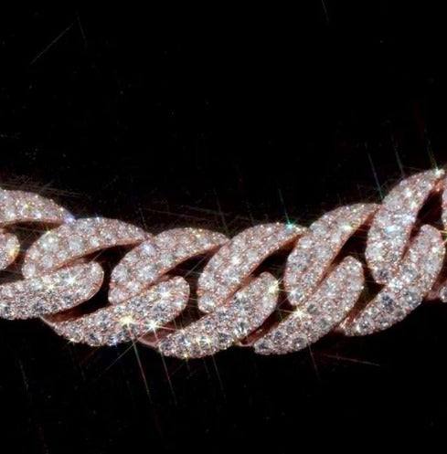 MOISSANITE CHAIN - 14mm Mosaic set Cuban Link Chain in 925 Sterling Silver, VVS Moissanite Stones, Pass Diamond Tester