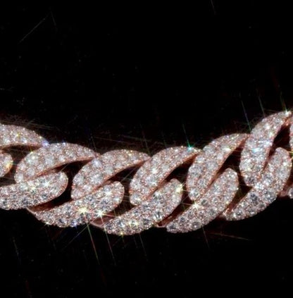 MOISSANITE CHAIN - 14mm Mosaic set Cuban Link Chain in 925 Sterling Silver, VVS Moissanite Stones, Pass Diamond Tester