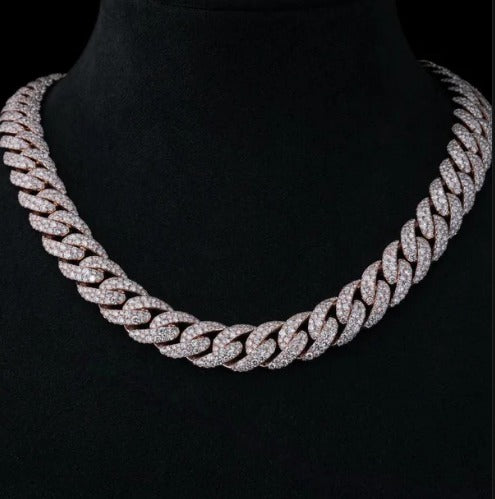 MOISSANITE CHAIN - 14mm Mosaic set Cuban Link Chain in 925 Sterling Silver, VVS Moissanite Stones, Pass Diamond Tester