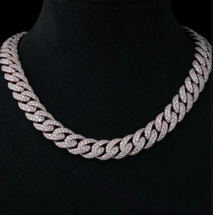 MOISSANITE CHAIN - 14mm Mosaic set Cuban Link Chain in 925 Sterling Silver, VVS Moissanite Stones, Pass Diamond Tester