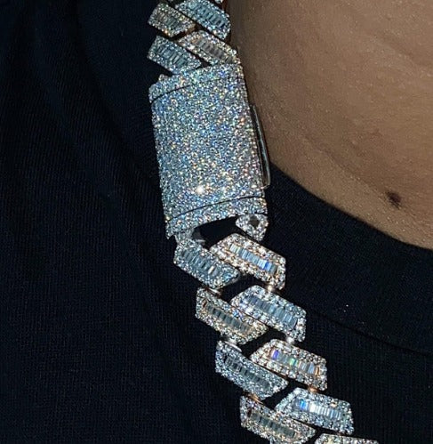 18mm Baguette Cuban Chain, VVS1 Quality Baguette and Round Moissanite, Pass Diamond Tester, Rhodium Plated Heavy Quality 925 Sterling Silver