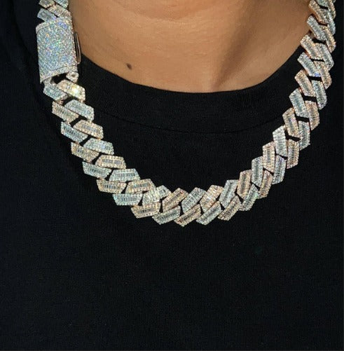 18mm Baguette Cuban Chain, VVS1 Quality Baguette and Round Moissanite, Pass Diamond Tester, Rhodium Plated Heavy Quality 925 Sterling Silver