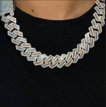 18mm Baguette Cuban Chain, VVS1 Quality Baguette and Round Moissanite, Pass Diamond Tester, Rhodium Plated Heavy Quality 925 Sterling Silver