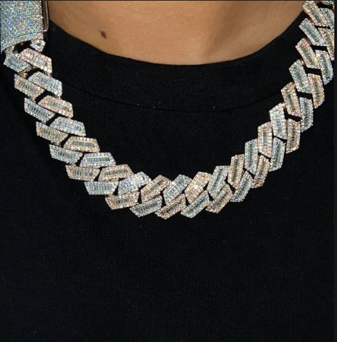 18mm Baguette Cuban Chain, VVS1 Quality Baguette and Round Moissanite, Pass Diamond Tester, Rhodium Plated Heavy Quality 925 Sterling Silver