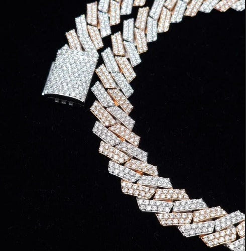 15mm Dual Tone Prong Cuban Link Chain, VVS Moissanite Stones, Pass Diamond Tester, Can be made in 925 Sterling Silver / Solid 10K Gold