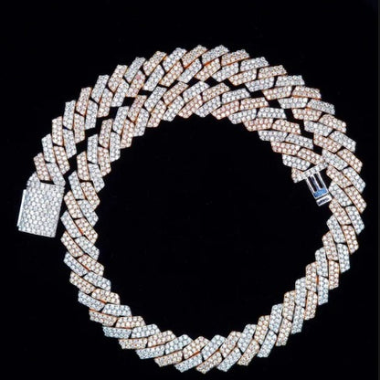 15mm Dual Tone Prong Cuban Link Chain, VVS Moissanite Stones, Pass Diamond Tester, Can be made in 925 Sterling Silver / Solid 10K Gold