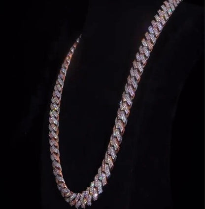 15mm Dual Tone Prong Cuban Link Chain, VVS Moissanite Stones, Pass Diamond Tester, Can be made in 925 Sterling Silver / Solid 10K Gold