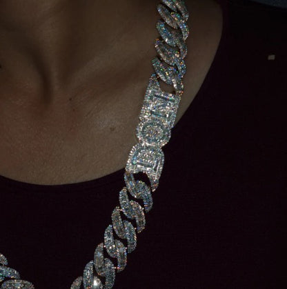 20mm Miami Cuban Link Prong Chain, VVS1 Quality Baguette and Round Moissanite, Pass Diamond Tester, Heavy Quality 925 Sterling Silver