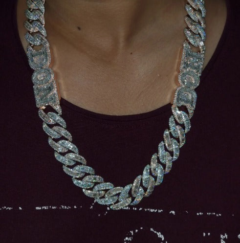 20mm Miami Cuban Link Prong Chain, VVS1 Quality Baguette and Round Moissanite, Pass Diamond Tester, Heavy Quality 925 Sterling Silver