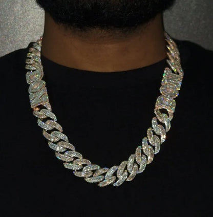 20mm Miami Cuban Link Prong Chain, VVS1 Quality Baguette and Round Moissanite, Pass Diamond Tester, Heavy Quality 925 Sterling Silver