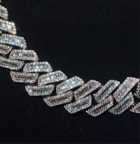 22mm Miami Cuban Link Prong Chain, VVS1 Quality Baguette and Round Moissanite, Pass Diamond Tester, Heavy Quality 925 Sterling Silver