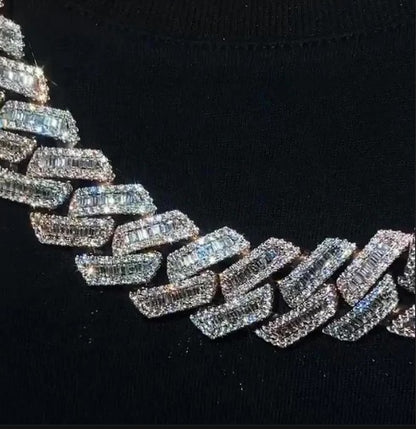 22mm Miami Cuban Link Prong Chain, VVS1 Quality Baguette and Round Moissanite, Pass Diamond Tester, Heavy Quality 925 Sterling Silver