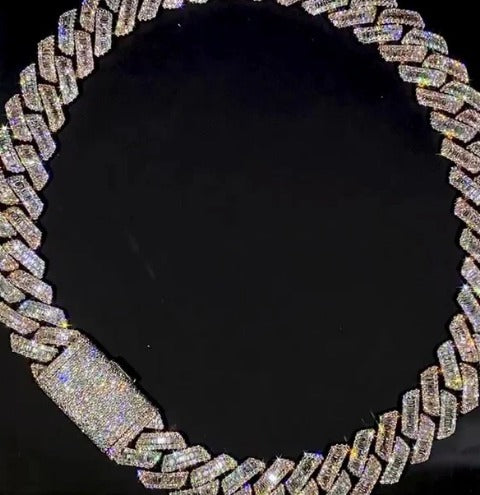 22mm Miami Cuban Link Prong Chain, VVS1 Quality Baguette and Round Moissanite, Pass Diamond Tester, Heavy Quality 925 Sterling Silver