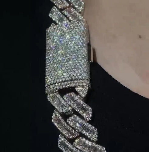 22mm Miami Cuban Link Prong Chain, VVS1 Quality Baguette and Round Moissanite, Pass Diamond Tester, Heavy Quality 925 Sterling Silver