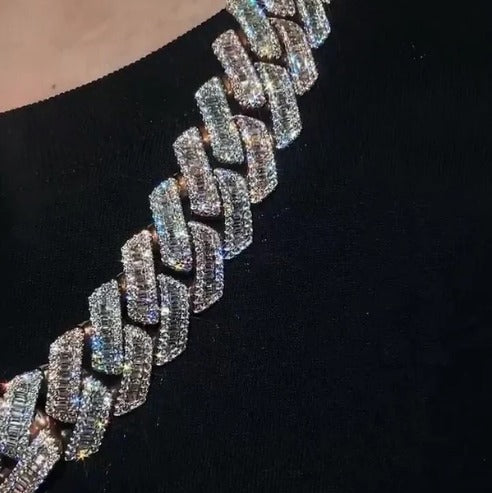 22mm Miami Cuban Link Prong Chain, VVS1 Quality Baguette and Round Moissanite, Pass Diamond Tester, Heavy Quality 925 Sterling Silver
