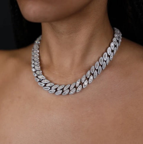 16mm Oval Shape Baguette Cut Moissanite Diamonds Chain, VVS1 Quality Baguette and Round Moissanite, Pass Diamond Tester, 925 Sterling Silver