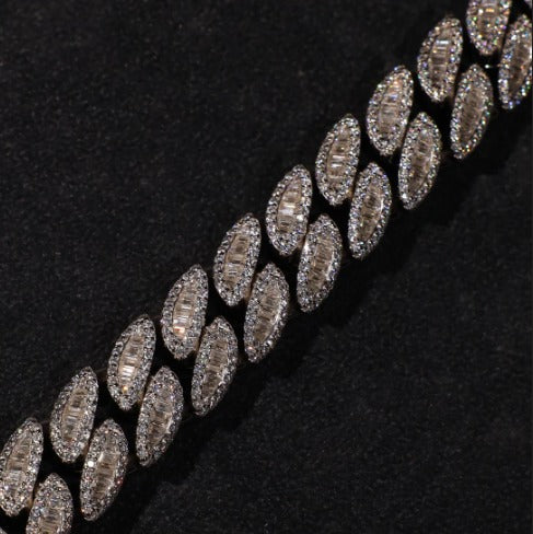 16mm Oval Shape Baguette Cut Moissanite Diamonds Chain, VVS1 Quality Baguette and Round Moissanite, Pass Diamond Tester, 925 Sterling Silver