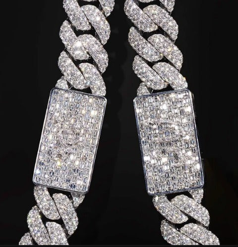 16mm Miami Cuban Link Prong Chain, VVS1 Quality Emerald and Round Moissanite, Two Locks, Pass Diamond Tester, Heavy Quality Sterling Silver