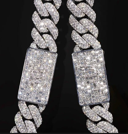 16mm Miami Cuban Link Prong Chain, VVS1 Quality Emerald and Round Moissanite, Two Locks, Pass Diamond Tester, Heavy Quality Sterling Silver