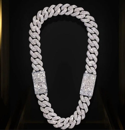 16mm Miami Cuban Link Prong Chain, VVS1 Quality Emerald and Round Moissanite, Two Locks, Pass Diamond Tester, Heavy Quality Sterling Silver