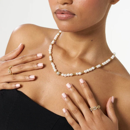 5mm Iced Beaded Pearl Necklace - Gold