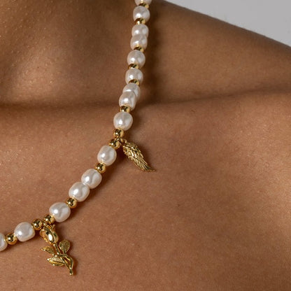Wings &amp; Roses Beaded Pearl Necklace - Gold