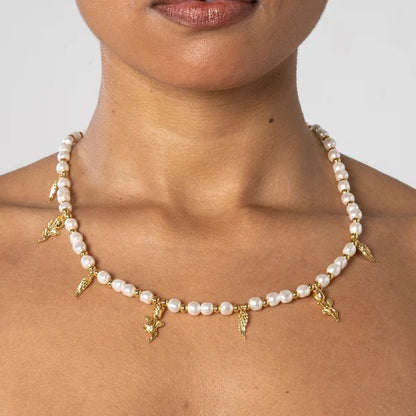 Wings &amp; Roses Beaded Pearl Necklace - Gold