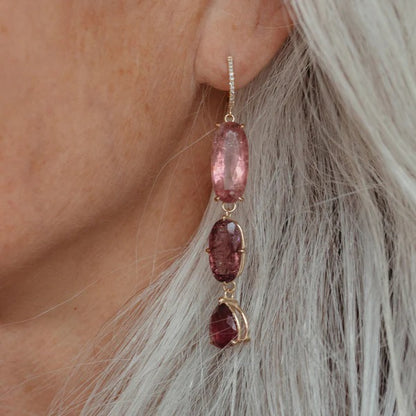 PINK TOURMALINE THREE STONE DROP EARRINGS
