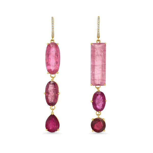 PINK TOURMALINE THREE STONE DROP EARRINGS