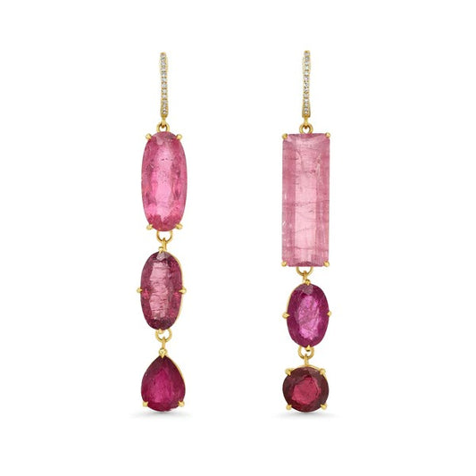 PINK TOURMALINE THREE STONE DROP EARRINGS