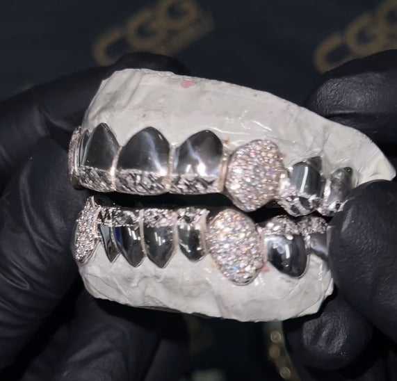 Diamond Cut & Diamond Dust Tips with Iced Fangs Grillz