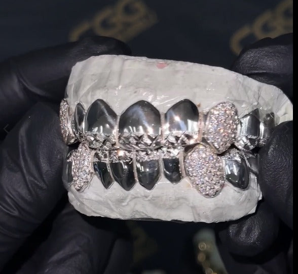 Diamond Cut & Diamond Dust Tips with Iced Fangs Grillz