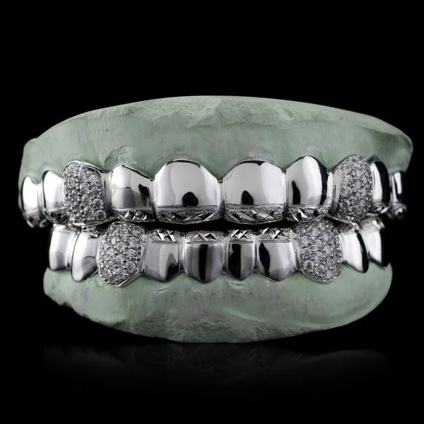Diamond Cut & Diamond Dust Tips with Iced Fangs Grillz
