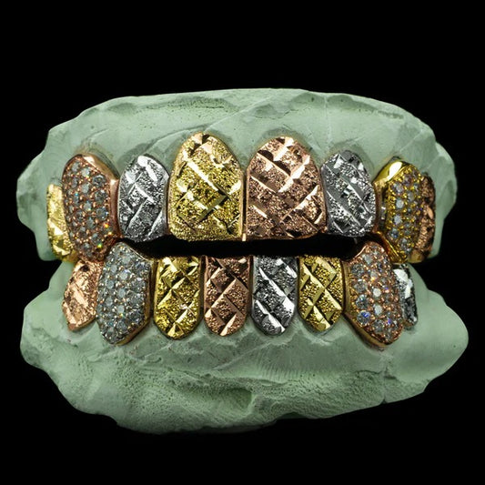 Tri-Color Diamond Cut & Diamond Dust with Iced Fangs Grillz