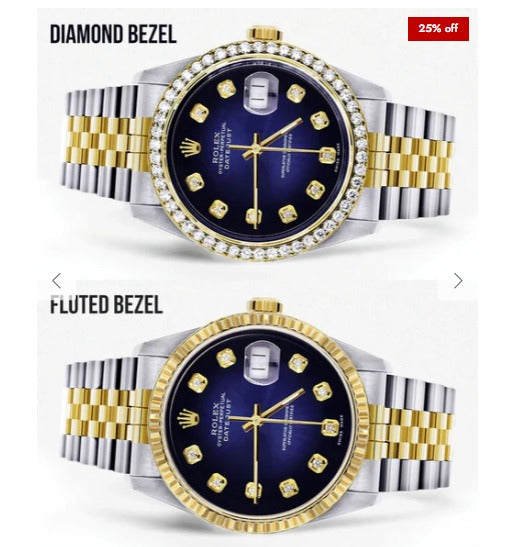 Diamond Gold Rolex Watch For Men 16233 | 36Mm | Blue Dial | Jubilee Band