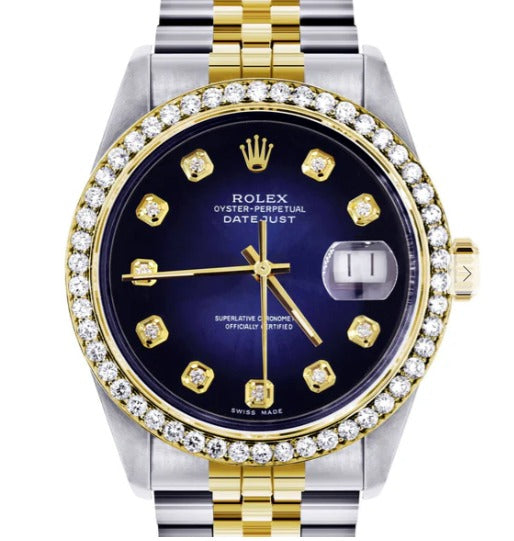 Diamond Gold Rolex Watch For Men 16233 | 36Mm | Blue Dial | Jubilee Band