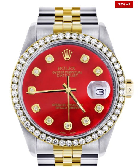 Gold &amp; Steel Rolex Datejust Watch 16233 for Men | 36Mm | Diamond Red Mother Of Pearl Dial | Jubilee Band