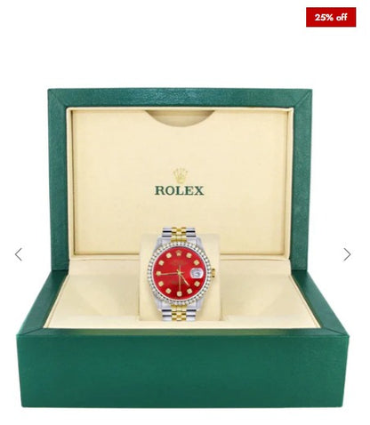 Gold &amp; Steel Rolex Datejust Watch 16233 for Men | 36Mm | Diamond Red Mother Of Pearl Dial | Jubilee Band